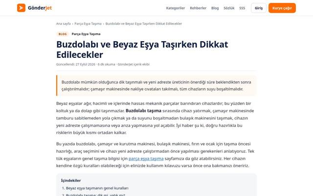 Buzdolabı ve Beyaz Eşya Taşırken Dikkat Edilecekler sayfasının ekran görüntüsü