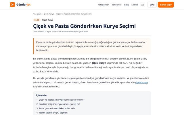 Çiçek ve Pasta Gönderirken Kurye Seçimi sayfasının ekran görüntüsü