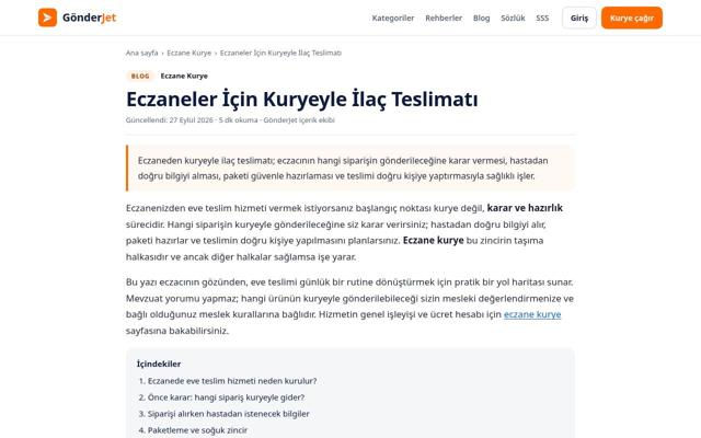 Eczaneler İçin Kuryeyle İlaç Teslimatı sayfasının ekran görüntüsü