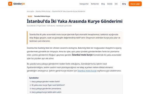 İstanbul'da İki Yaka Arasında Kurye Gönderimi sayfasının ekran görüntüsü