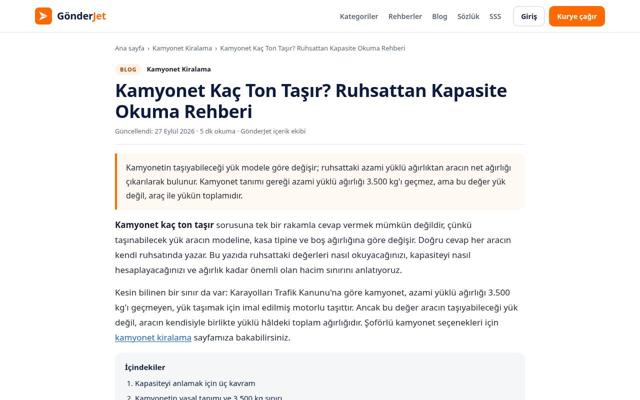 Kamyonet Kaç Ton Taşır? Ruhsattan Kapasite Okuma Rehberi sayfasının ekran görüntüsü