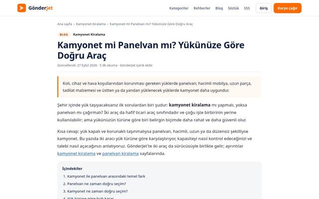 Kamyonet mi Panelvan mı? Yükünüze Göre Doğru Araç sayfasının ekran görüntüsü