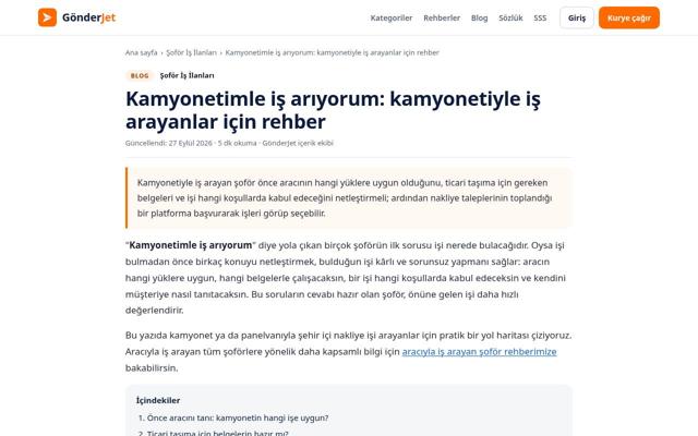 Kamyonetimle iş arıyorum: kamyonetiyle iş arayanlar için rehber sayfasının ekran görüntüsü