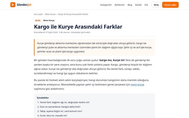 Kargo ile Kurye Arasındaki Farklar sayfasının ekran görüntüsü