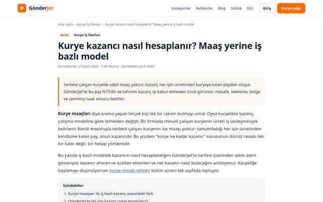 Kurye kazancı nasıl hesaplanır? Maaş yerine iş bazlı model sayfasının ekran görüntüsü