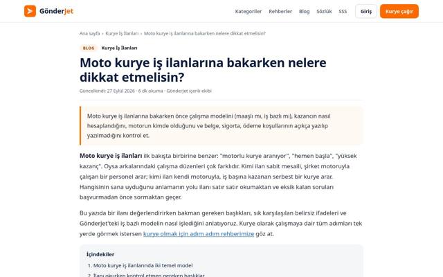 Moto kurye iş ilanlarına bakarken nelere dikkat etmelisin? sayfasının ekran görüntüsü