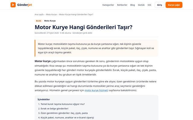 Motor Kurye Hangi Gönderileri Taşır? sayfasının ekran görüntüsü