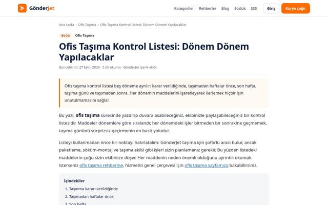 Ofis Taşıma Kontrol Listesi: Dönem Dönem Yapılacaklar sayfasının ekran görüntüsü