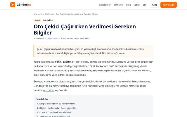 Oto Çekici Çağırırken Verilmesi Gereken Bilgiler sayfasının ekran görüntüsü