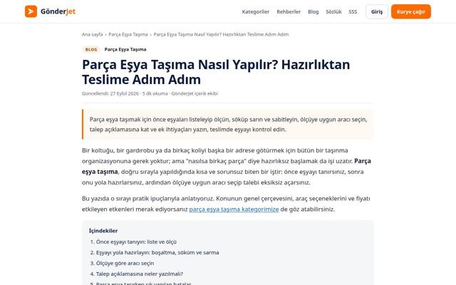 Parça Eşya Taşıma Nasıl Yapılır? Hazırlıktan Teslime Adım Adım sayfasının ekran görüntüsü