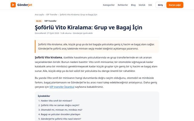 Şoförlü Vito Kiralama: Grup ve Bagaj İçin sayfasının ekran görüntüsü