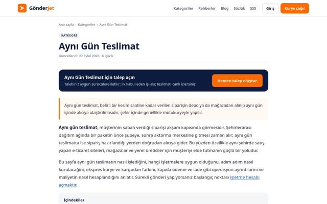 Aynı Gün Teslimat sayfasının ekran görüntüsü