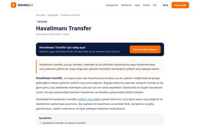 Havalimanı Transfer sayfasının ekran görüntüsü