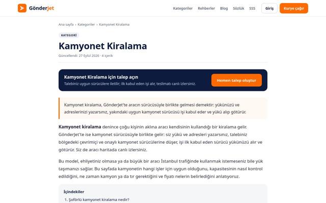 Kamyonet Kiralama sayfasının ekran görüntüsü
