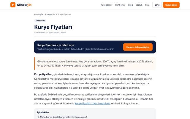 Kurye Fiyatları sayfasının ekran görüntüsü
