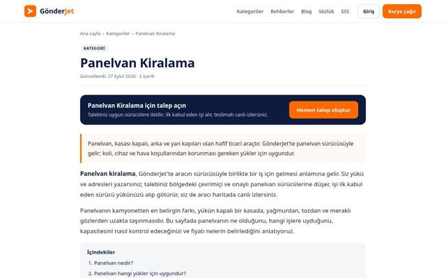 Panelvan Kiralama sayfasının ekran görüntüsü