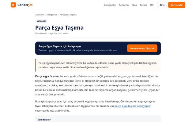 Parça Eşya Taşıma sayfasının ekran görüntüsü