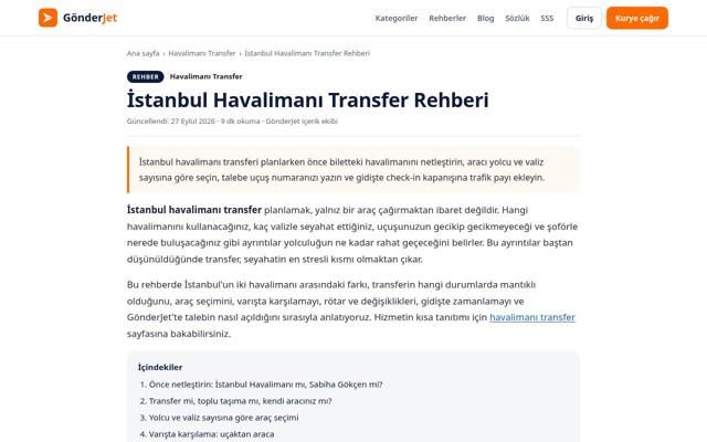 İstanbul Havalimanı Transfer Rehberi sayfasının ekran görüntüsü