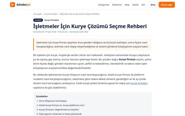 İşletmeler İçin Kurye Çözümü Seçme Rehberi sayfasının ekran görüntüsü
