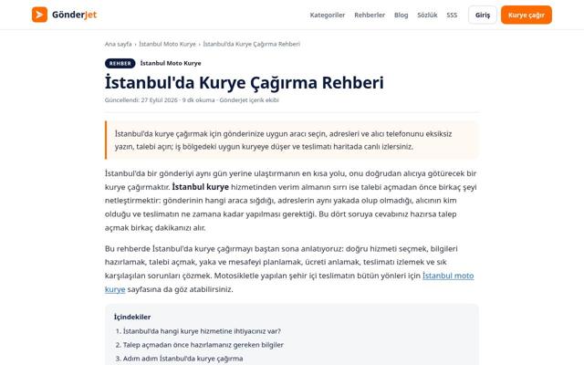 İstanbul'da Kurye Çağırma Rehberi sayfasının ekran görüntüsü