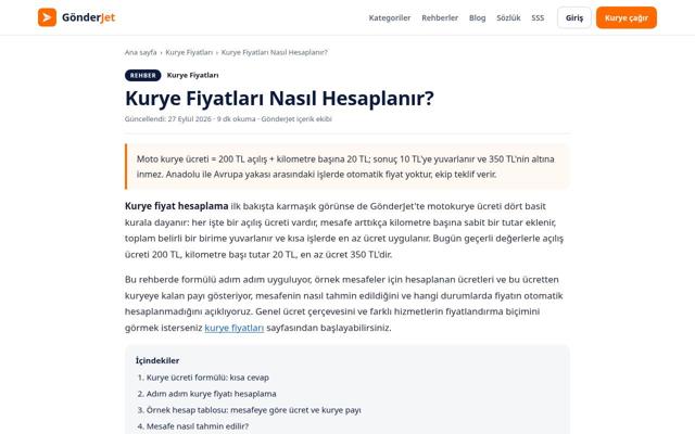 Kurye Fiyatları Nasıl Hesaplanır? sayfasının ekran görüntüsü