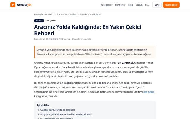 Aracınız Yolda Kaldığında: En Yakın Çekici Rehberi sayfasının ekran görüntüsü