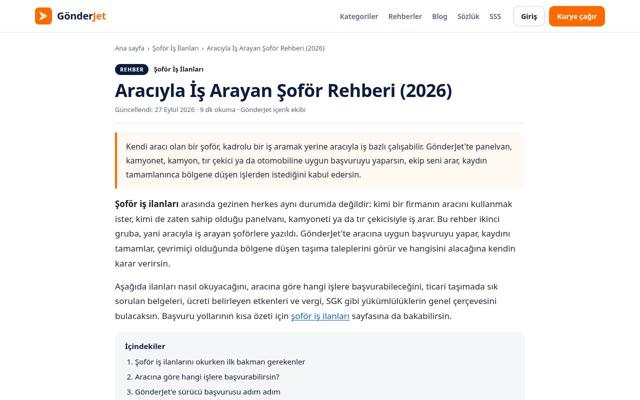 Aracıyla İş Arayan Şoför Rehberi (2026) sayfasının ekran görüntüsü