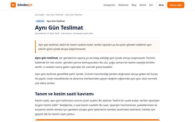 Aynı Gün Teslimat sayfasının ekran görüntüsü