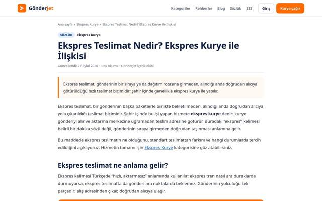 Ekspres Teslimat Nedir? Ekspres Kurye ile İlişkisi sayfasının ekran görüntüsü