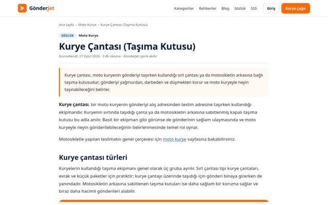 Kurye Çantası (Taşıma Kutusu) sayfasının ekran görüntüsü