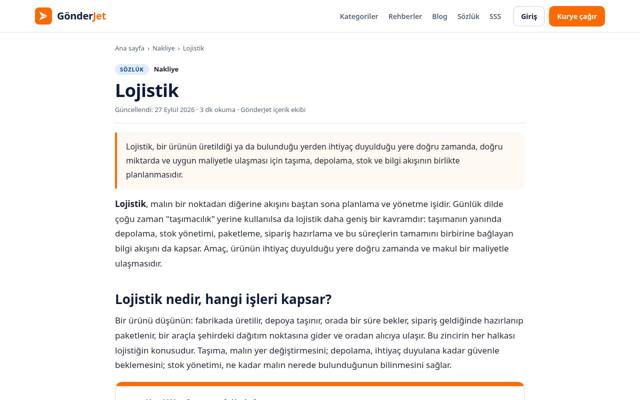 Lojistik sayfasının ekran görüntüsü