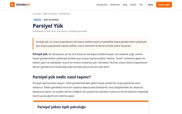 Parsiyel Yük sayfasının ekran görüntüsü
