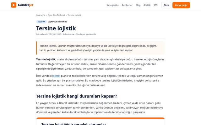 Tersine lojistik sayfasının ekran görüntüsü