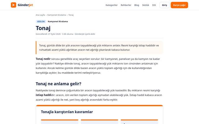 Tonaj sayfasının ekran görüntüsü